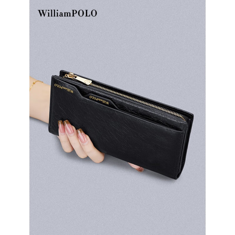 WILLIAMPOLO Wallet Women's Long Genuine Pickup Bag 2024 New Handbag for Women Valentine's Day Gift for Girlfriend Black