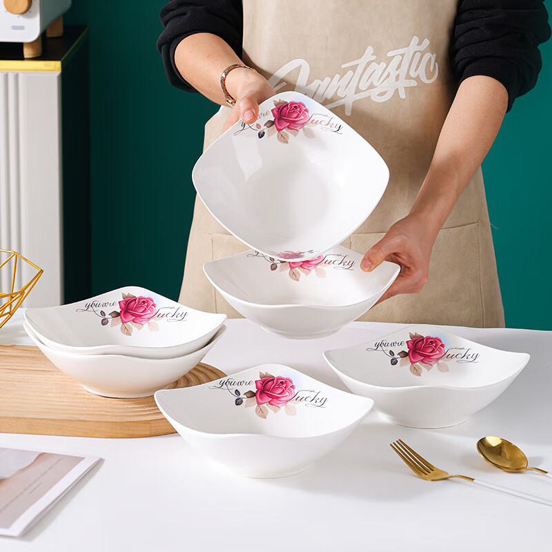 Huanjin Sifang Plate Household Ceramic Plate Tableware Dish Plate Thickened Anti-scald Fruit Plate Soup Plate Rice Plate Cold Dish Plate Salad Plate (Shuimu Tsinghua) 8-inch square plate 4 pcs