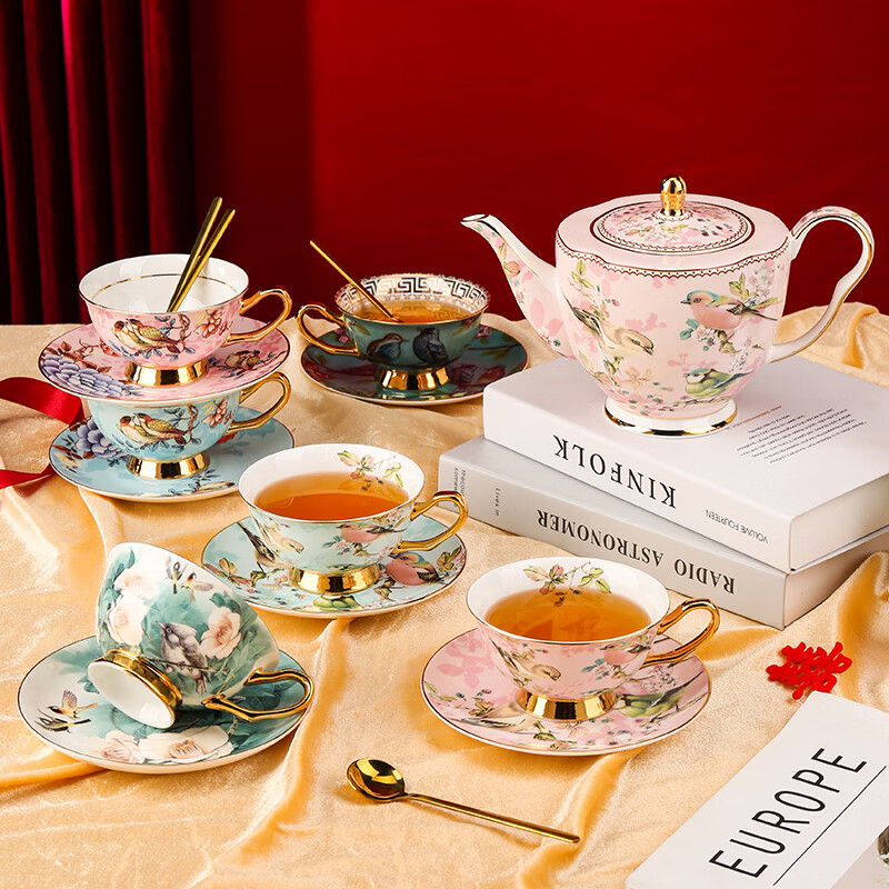 The Beauty of Forever Bone China Coffee Cup Set Gift Box Souvenir Afternoon Tea Cup for Wedding and Birthday Gift High-end 6 Cups and Saucers + Pink Bird 3-Character Pot - Red Gift Box Forever