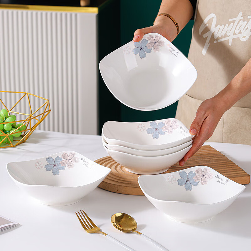 Huanjin Sifang Plate Household Ceramic Plate Tableware Dish Plate Thickened Anti-scald Fruit Plate Soup Plate Rice Plate Cold Dish Plate Salad Plate (Shuimu Tsinghua) 8-inch square plate 4 pcs