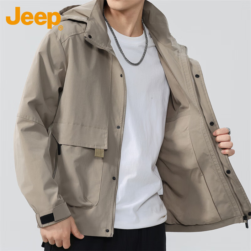 JEEP Jeep jacket men's autumn and winter loose jacket men's hooded trendy casual clothes men's Khaki XL