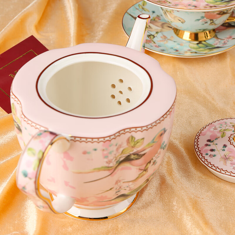 The Beauty of Forever Bone China Coffee Cup Set Gift Box Souvenir Afternoon Tea Cup for Wedding and Birthday Gift High-end 6 Cups and Saucers + Pink Bird 3-Character Pot - Red Gift Box Forever