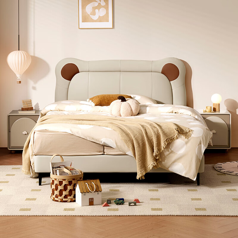 Gujia Home Government Subsidy Cream Style Cowhide Bedroom Warm Hug Bear Soft Bag Bed Boys and Girls Leather Bed 8552 Little Elephant Gray High Leg Leather Bed 1800*2000