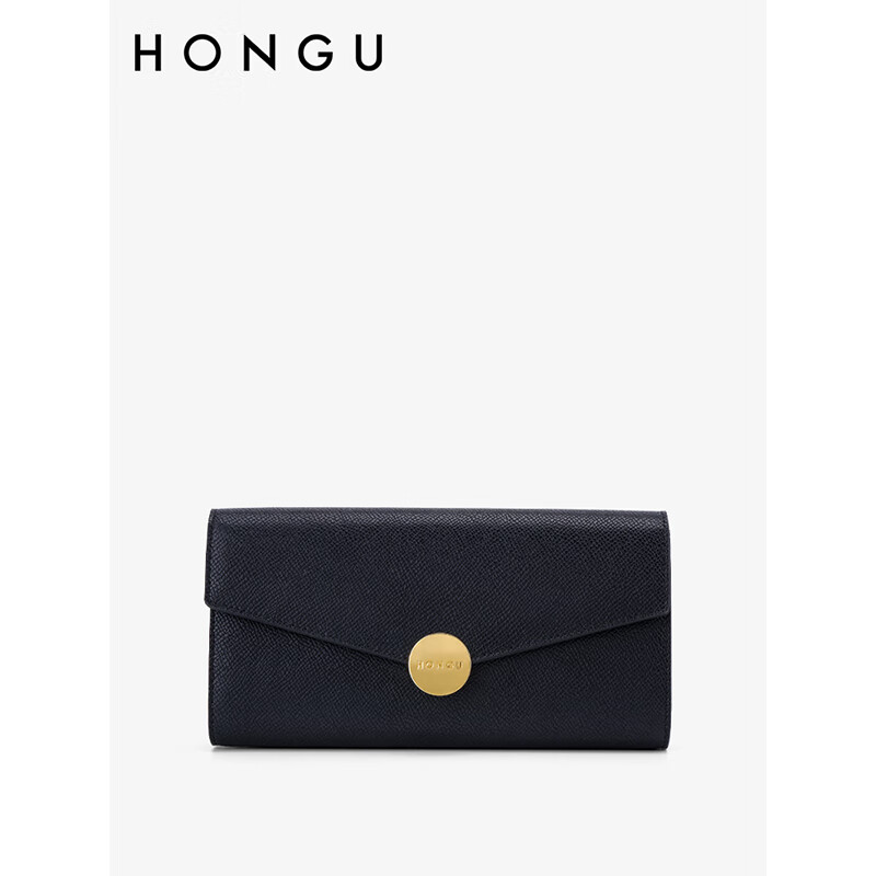 Honggu (HONGU) New Cowhide Wallet Women's Long Fashionable Versatile Wallet Three-fold Multifunctional Wallet Small Clutch Clutch Black