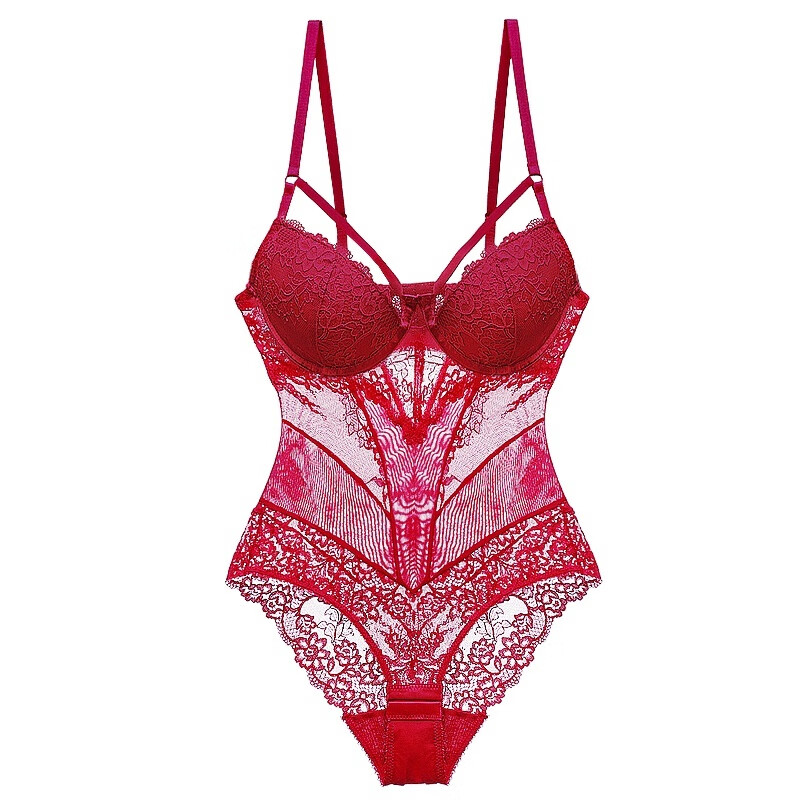 Victoria's Secret European and American lace sexy strappy one-piece underwear push-up bra micro-shaping sexy red transparent underwear white 75B