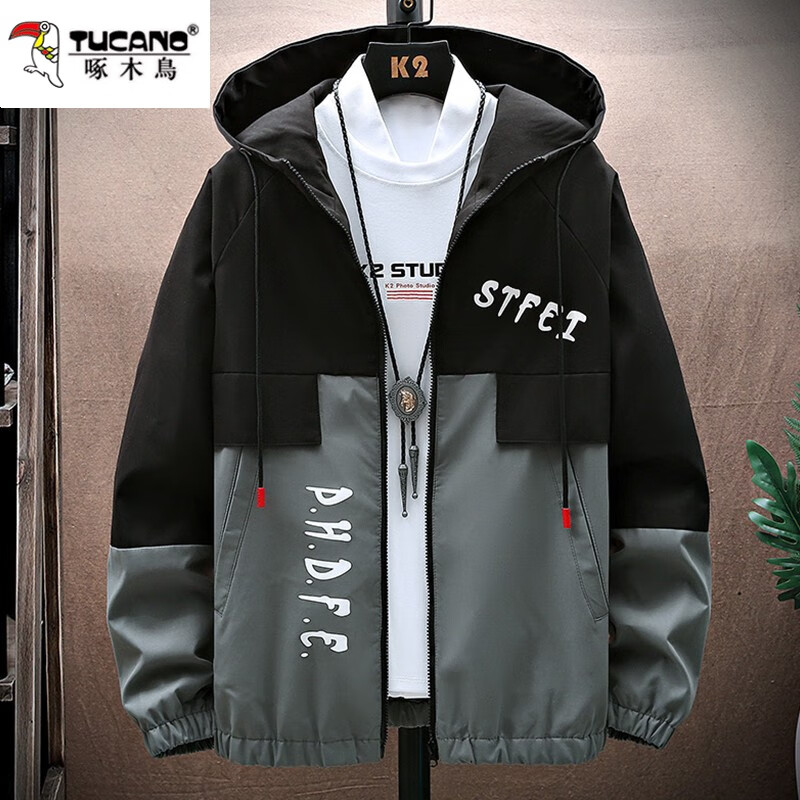 Woodpecker 2025 men's jacket hooded autumn and winter velvet thickened trendy workwear casual loose tops men's black gray XL