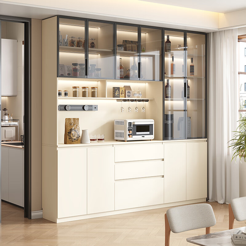 Customized solid wood built-in dining table and sideboard combination with wooden lattice, small apartment, cream style wine cabinet, dining room, living room storage cabinet, 1.7m long