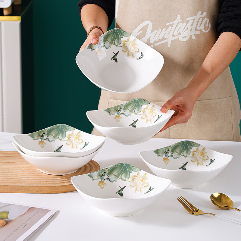 Huanjin Sifang Plate Household Ceramic Plate Tableware Dish Plate Thickened Anti-scald Fruit Plate Soup Plate Rice Plate Cold Dish Plate Salad Plate (Shuimu Tsinghua) 8-inch square plate 4 pcs