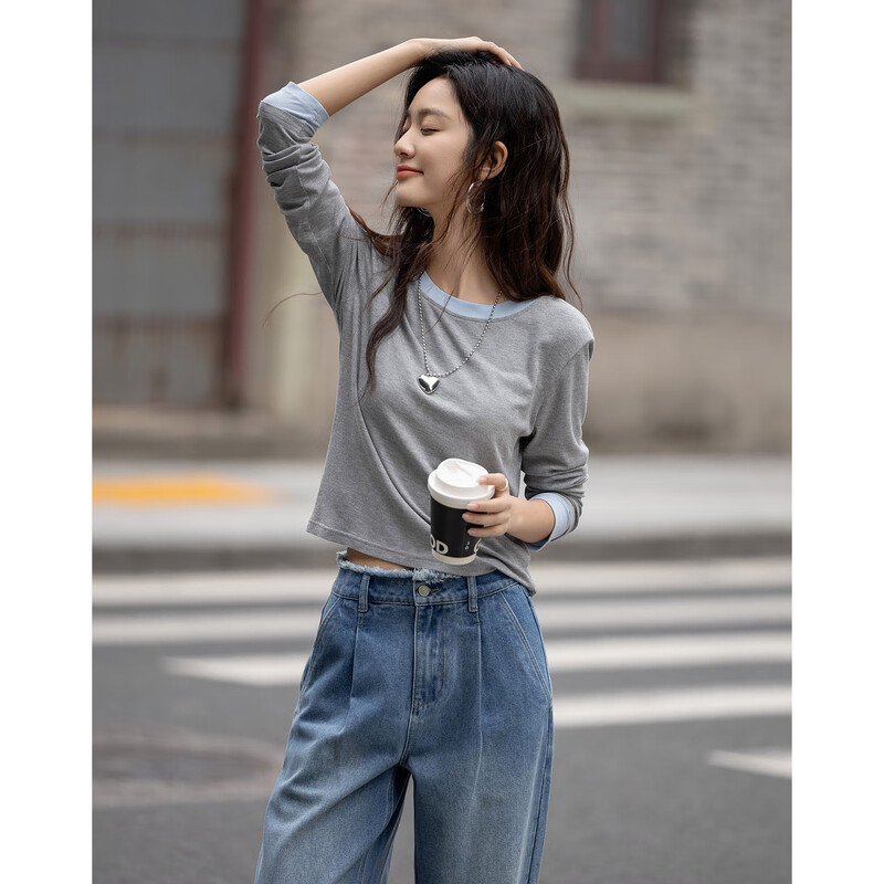 Demana Light French Group Favor Spring Korean Style Round Neck Contrast Color Ribbed Long Sleeve T-Shirt Women's Comfortable Hidden Meat Women's T-Shirt