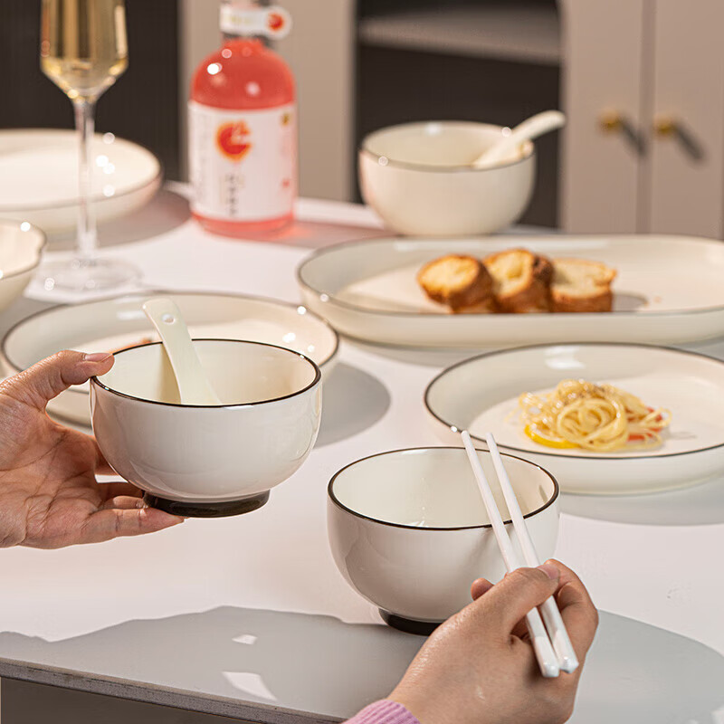 Khaki style Jingdezhen bowl and dish set household bowl complete set of ceramic tableware bowl and plate housewarming simple bowl chopsticks plate and bowl combination jade white painted brown 8-person meal (soup bowl configuration) 39-piece set