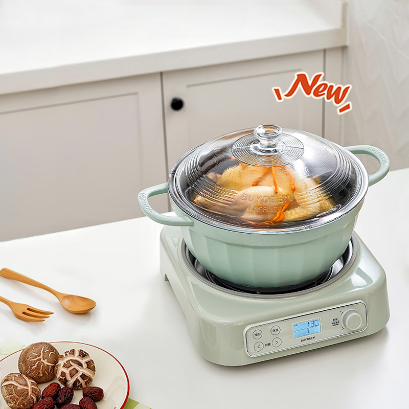 Buydeem non-stick soup pot for simmering, shabu-shabu and stir-frying in one pot 26cm light cedar green