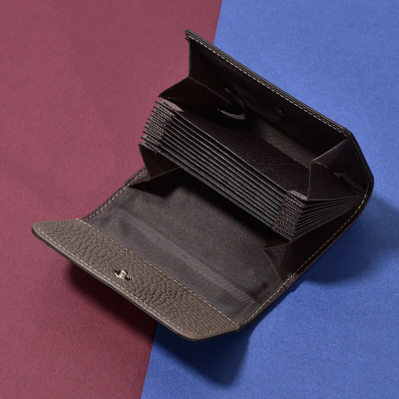 CALCULAT&KEENCK women's cowhide card bag mini European and American contrasting color stitching cute bank card driver's license multi-slot document bag dark gray Goddess Day gift ghostwriting greeting card