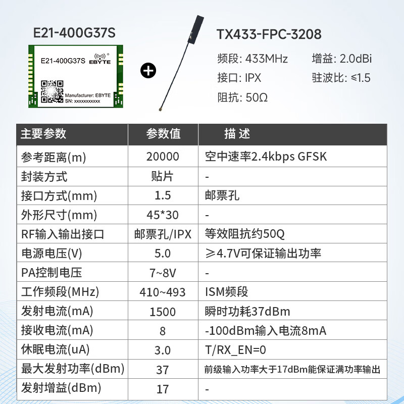 RF gain power LNA amplifier 230/433/470/868/900/915M module equipped with FPC antenna E21-400G37S