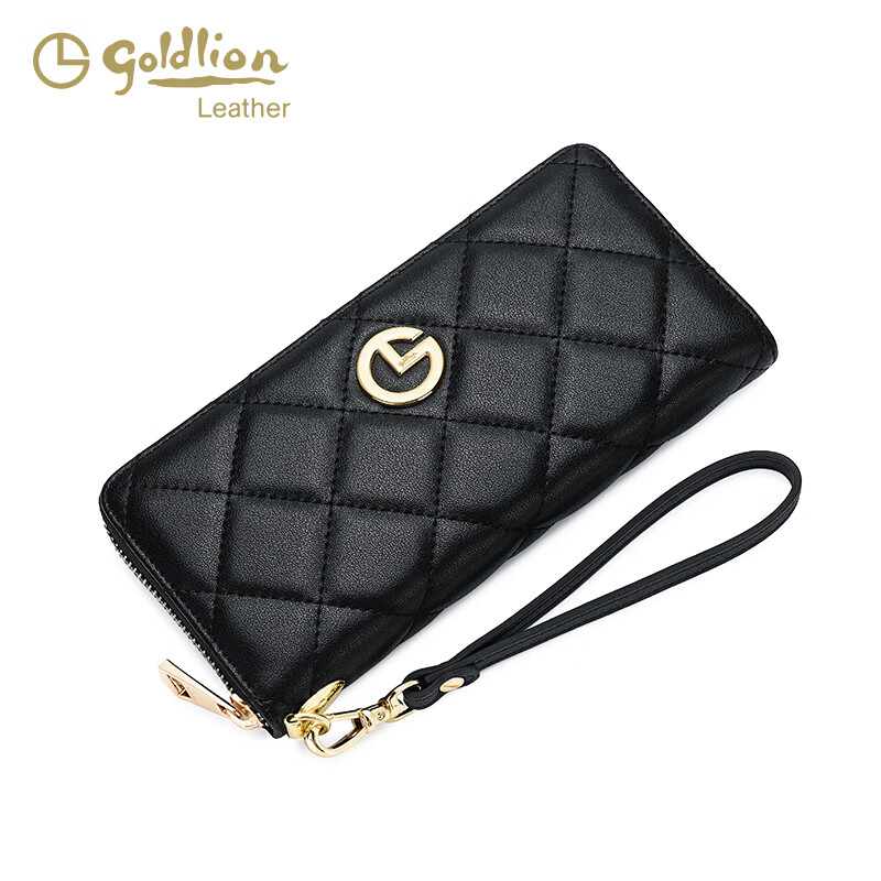 Goldlion long wallet for women 2025 new style cowhide clutch bag small fragrant rhombus wallet multi-card slot wallet trendy black.