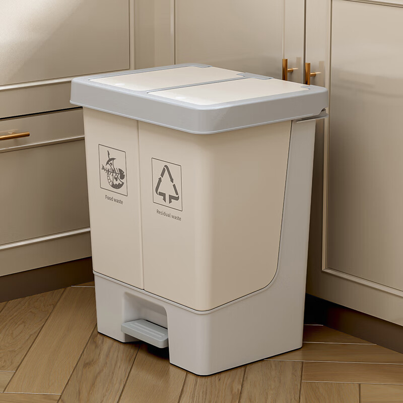 Beishan classified trash can with lid, sealed kitchen waste bucket, cleaning bucket, foot-operated double-open sanitary bucket, dry and wet separation storage bucket, dual-use design with hand and foot pedal (fresh gray)