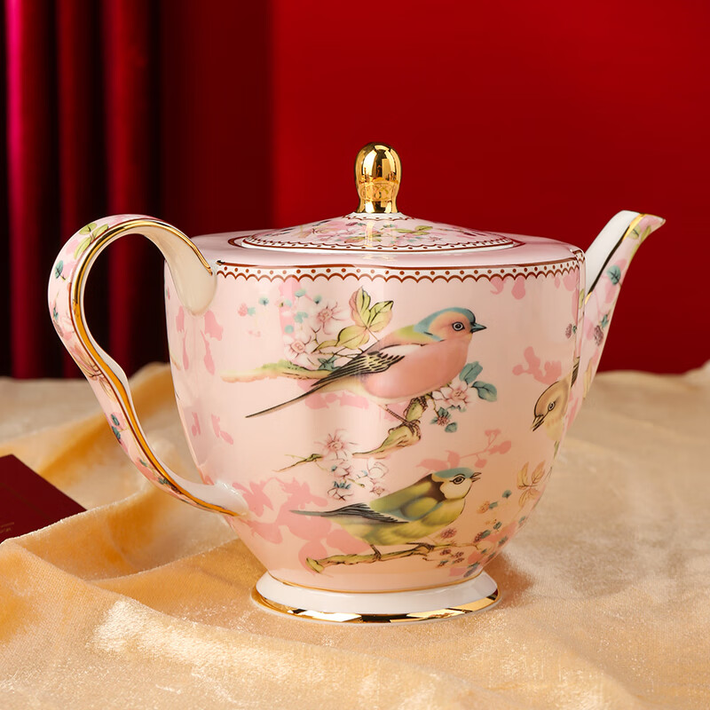 The Beauty of Forever Bone China Coffee Cup Set Gift Box Souvenir Afternoon Tea Cup for Wedding and Birthday Gift High-end 6 Cups and Saucers + Pink Bird 3-Character Pot - Red Gift Box Forever