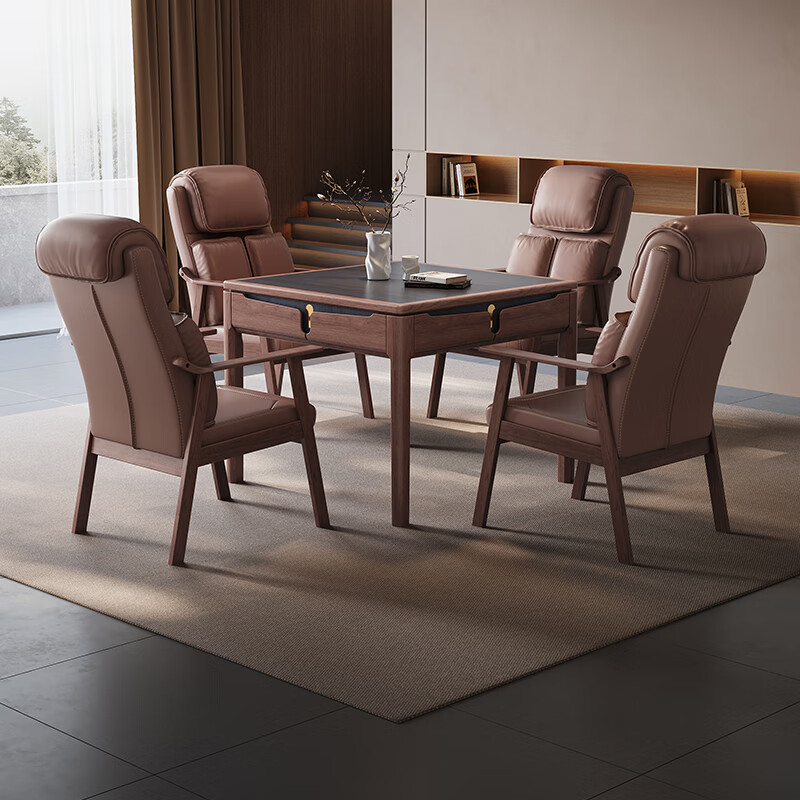 Ruiteng 2025 new model villa high-end new Chinese-style solid wood electric mahjong machine card table fully automatic dual-use all-in-one home double leaf 1 table 4 chairs 2 coffee table Ruiteng light machine