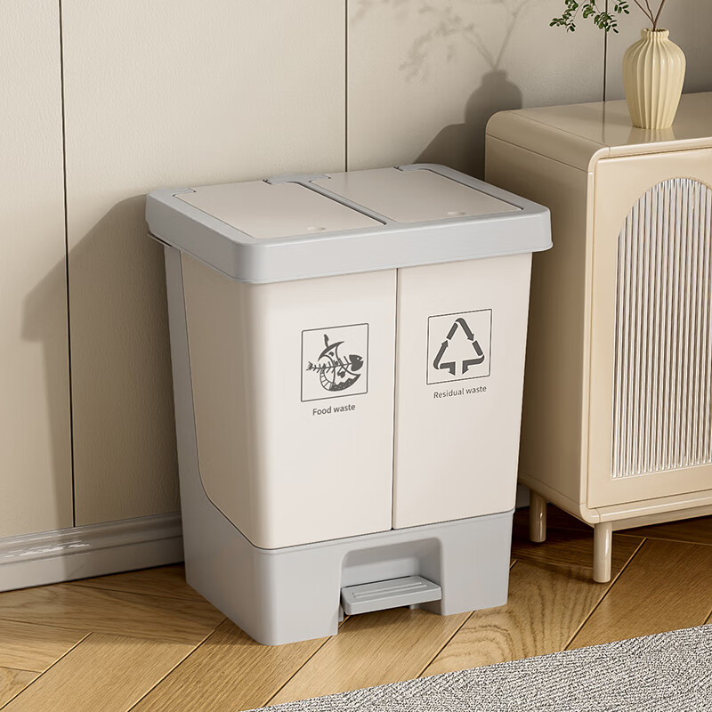 Beishan classified trash can with lid, sealed kitchen waste bucket, cleaning bucket, foot-operated double-open sanitary bucket, dry and wet separation storage bucket, dual-use design with hand and foot pedal (fresh gray)