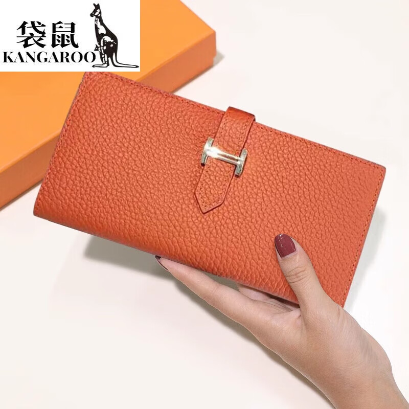 Kangaroo pure cowhide soft leather long ultra-thin wallet with large capacity for mobile phone women's casual temperament genuine leather driver's license bag wallet Valentine's Day birthday gift gift box in orange