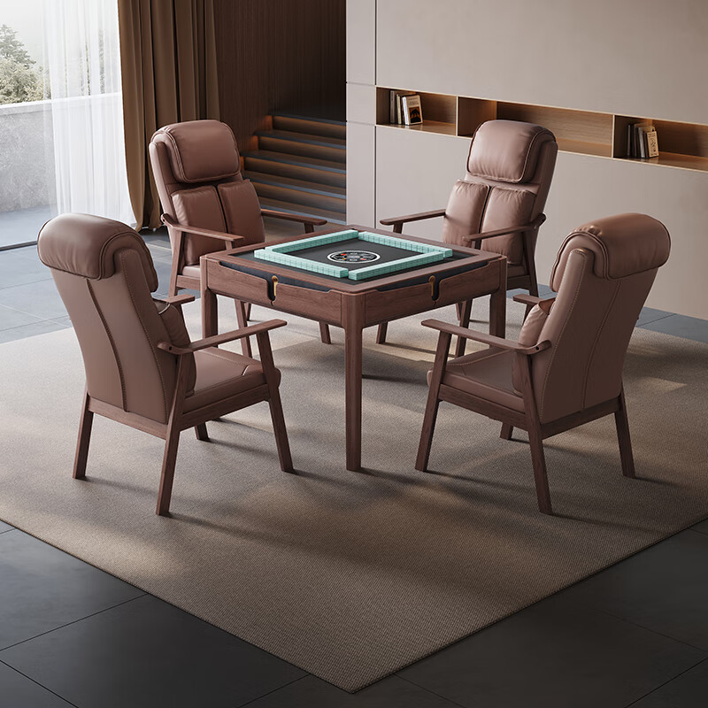 Ruiteng 2025 new model villa high-end new Chinese-style solid wood electric mahjong machine card table fully automatic dual-use all-in-one home double leaf 1 table 4 chairs 2 coffee table Ruiteng light machine