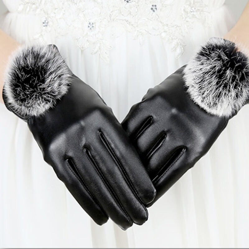 Adandyish Women's Cycling and Driving Touch Screen Gloves Velvet Anti-Slip Autumn and Winter Windproof Warm Gloves Women's Wool Ball PU Gloves