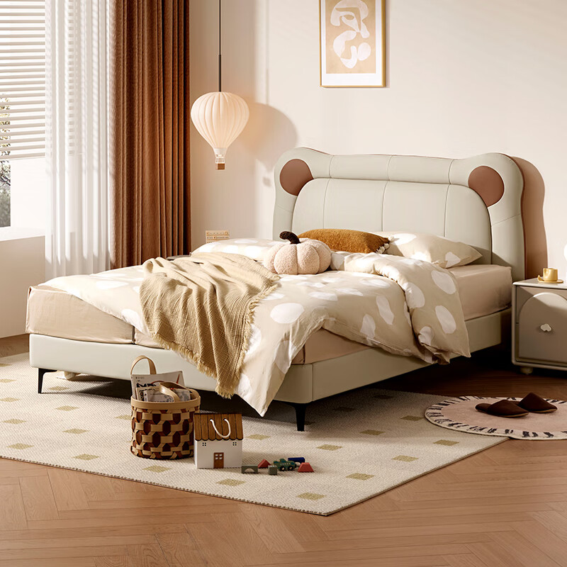 Gujia Home Government Subsidy Cream Style Cowhide Bedroom Warm Hug Bear Soft Bag Bed Boys and Girls Leather Bed 8552 Little Elephant Gray High Leg Leather Bed 1800*2000