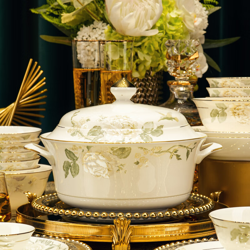 Han Ming New Year's Gift Jingdezhen Chinese-style bowls, plates and tableware complete set for home relocation bone china bowls and chopsticks set high-end upgraded version 60-piece set丨with high-end brocade box