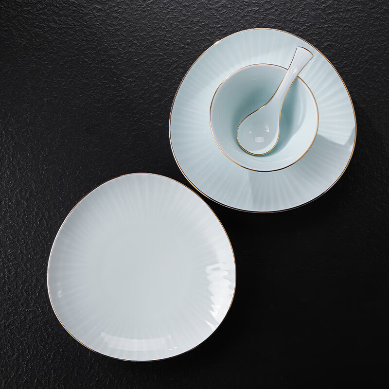 Jingdezhen (jdz) ceramic gold-shadowed green bamboo hat tableware set household eating dishes and plates combination gift box for six people 18 pieces gold-painted green bamboo hat hourglass set 18 pieces