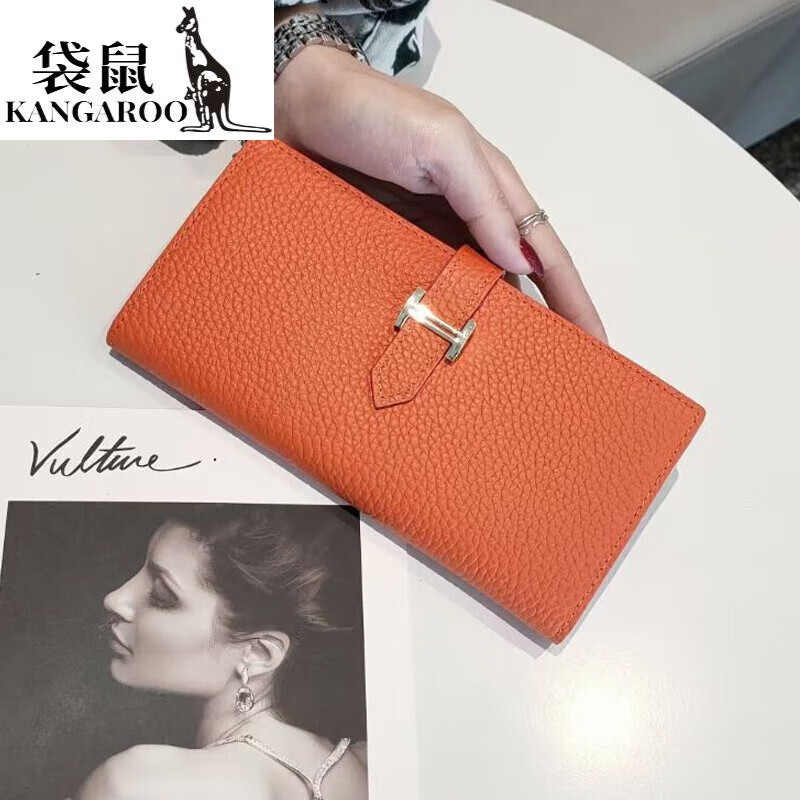 Kangaroo pure cowhide soft leather long ultra-thin wallet with large capacity for mobile phone women's casual temperament genuine leather driver's license bag wallet Valentine's Day birthday gift gift box in orange