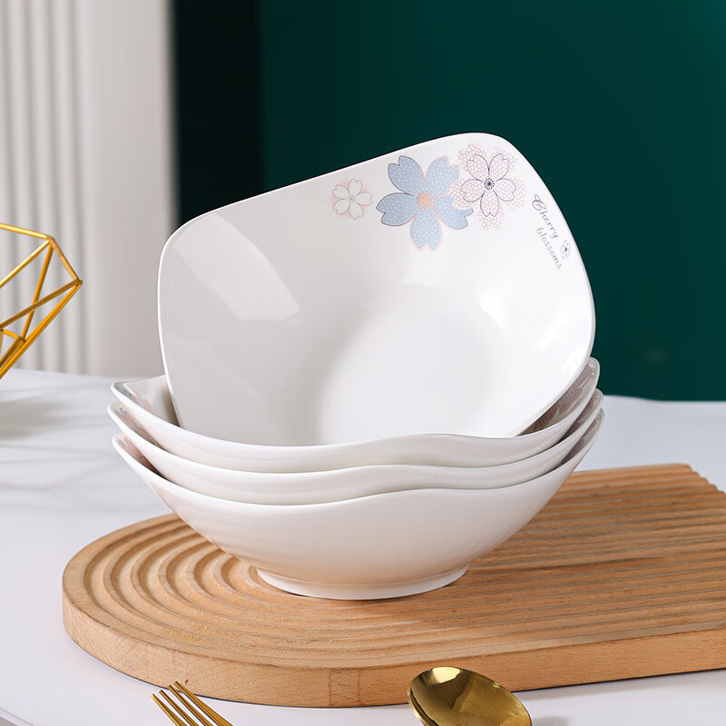 Huanjin Sifang Plate Household Ceramic Plate Tableware Dish Plate Thickened Anti-scald Fruit Plate Soup Plate Rice Plate Cold Dish Plate Salad Plate (Shuimu Tsinghua) 8-inch square plate 4 pcs