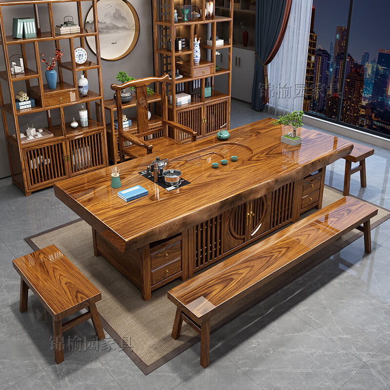 Jinyuyuan solid wood large board tea table and chair combination office living room home tea table tea set one-piece log tea table 1.6 meters carved plate + 1 Taishi chair + 4 crescent chairs