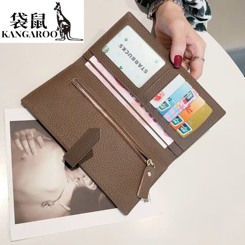 Kangaroo pure cowhide soft leather long ultra-thin wallet with large capacity for mobile phone women's casual temperament genuine leather driver's license bag wallet Valentine's Day birthday gift gift box in orange