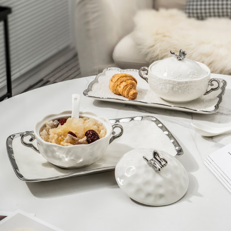 Pupan ceramic dessert bowl Internet celebrity bird's nest bowl sugar water bowl stew pot soup cup baking bowl commercial creative beauty salon double ears with lid silver edge embossed bowl + silver edge rectangular plate with ceramic spoon