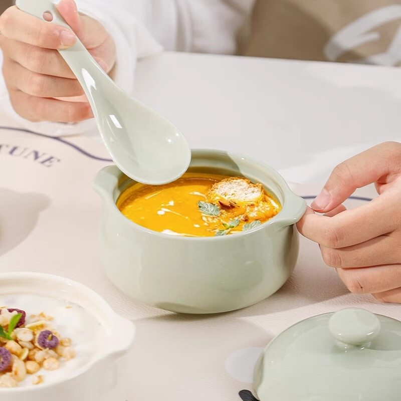 Persson steamed egg bowl ceramic household with lid, water-proof steamed egg custard, baby and children's food supplement, special steaming bowl, stew pot, yogurt bowl, milky white - 5-inch binaural stew pot 350ml