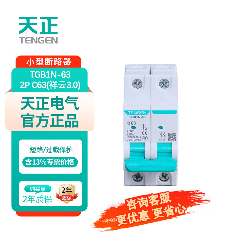 Tianzheng Electric (TENGEN) Tianzheng Electric TENGEN small circuit breaker TGB1N-63 2P C63A circuit breaker miniature circuit breaker