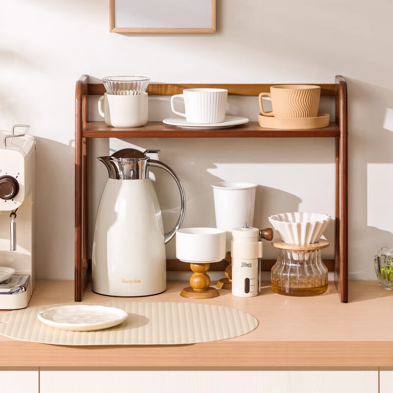 Eleven-dimensional cup storage rack desktop double-layer water cup holder tea set teacup kettle organizer bar coffee corner shelf brown 40cm long