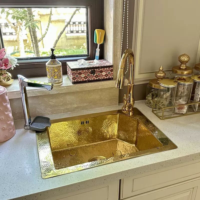 French retro kitchen large single sink embedded in island water bar sink pure copper gold undercounter basin wash basin S style stainless steel titanium 88*48*23cm