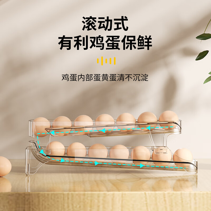 Shijiaji rolling egg storage box refrigerator with side door for egg cartons, automatic rolling egg rack holder for rolling egg cartons, egg compartments, 2 transparent black (can hold about 30 eggs), automatic rolling filling of eggs