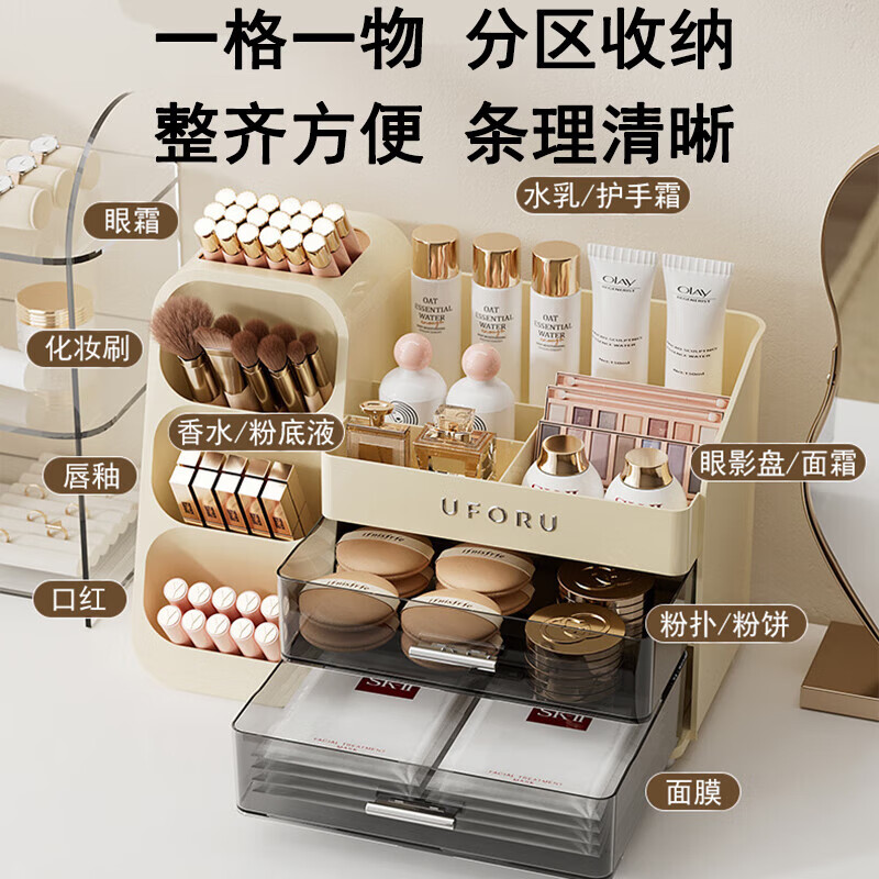 EACHY cosmetics storage box desktop dust-proof high-end large-capacity dressing table skin care product storage rack-cream yellow