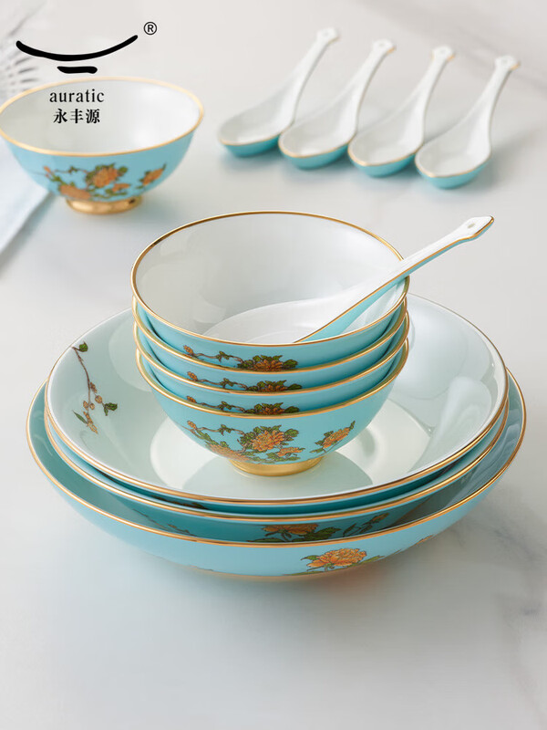 Guo Porcelain Yongfengyuan Madam Porcelain West Lake Blue 22-piece tableware set, bowls, plates, spoons, Chinese style home gift