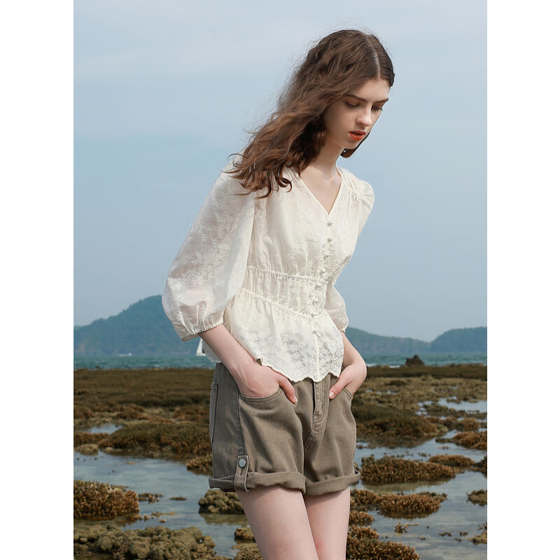 Tricolor 2025 Summer New Three Quarter Sleeve V Neck Lyocell Embroidered Shirt Waist Shirt Top Women Off White L 165/88A