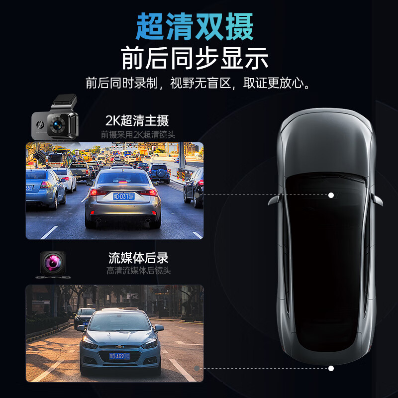 HP driving recorder f965s 2K ultra-clear night vision, front and rear dual recording, voice control mobile phone interconnection fatigue reminder