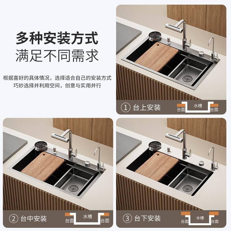 TOTO left drainage household sink 304 stainless steel under-counter washbasin millet honeycomb gun gray large single tank thickened 5MM left row C1-6845