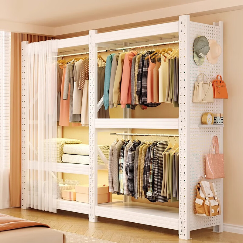 Yuxinxu Wardrobe Hanger Open Clothes Rack Multifunctional Bedroom Floor Clothes Rack Home Rental Clothing Storage Cabinet Three-layer Main Rack Free Clothes Rod + Front Curtain*1 Length 80cm Width 40cm Height 200cm