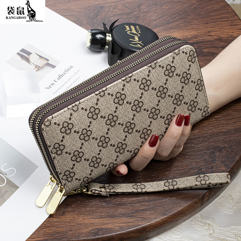 Kangaroo 2025 New Long Wallet Women's Fashion Printed Large Capacity Double Zipper Multifunctional Wallet Multiple Card Slots Flower Brown (Free Wristband)