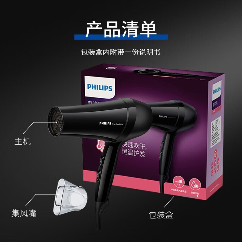 Philips (PHILIPS) hair dryer household high-power constant temperature quick-drying hair care hair salon professional hair dryer classic annual meeting/goods prizes 1800W six-speed adjustment