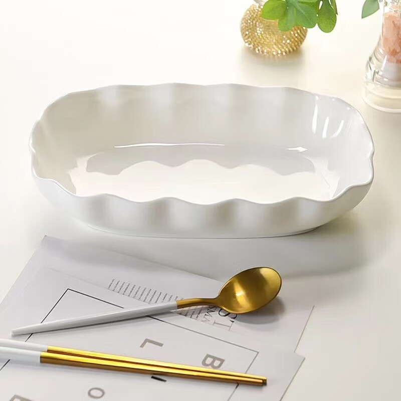 Lotus Leaf Fish Plate Home Steamed Fish Ceramic Plate Dish Plate 2025 New High-end Light Luxurious Style Ceramic Fish Plate Pure White 26.5cm 10.5 Inch Lotus Leaf Fish Plate 1 Pack
