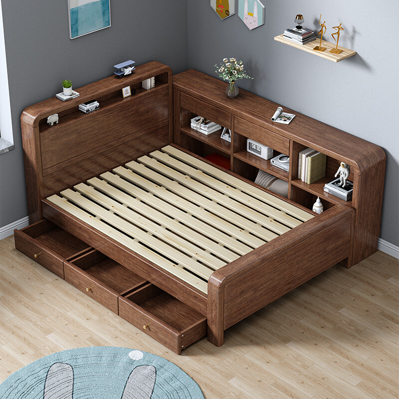 Chic Wood Language (BIEZHIMUYU) Walnut Bed New Chinese Bed Solid Wood Bed Teen Primary School Student Bedroom Luminous Storage Single Bed Storage Single Bed Single Bed + Drawer + Mattress + Bookshelf 1.2*2.0 meters (regular style)