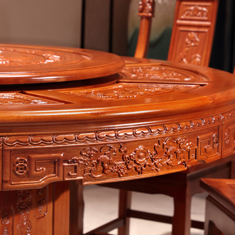 Longwei Foshan rosewood dining table and chair combination, new Chinese style carved solid wood storage round large dining table for home use, rosewood, one table and six chairs, 1.3 meters, free turntable + tempered glass