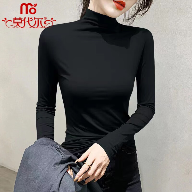 Modal half turtleneck bottoming shirt for women 2025 spring and autumn new slim fit solid color long-sleeved T-shirt for women thin trendy cotton D56-black single/piece L suitable for 100-115 pounds